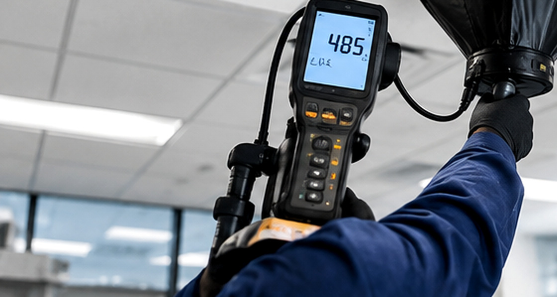 Technician measuring supply airflow with an air balancing instrument