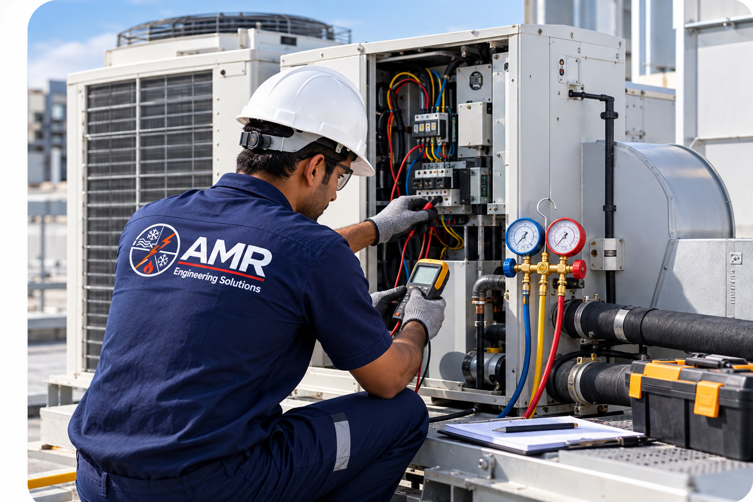Illustrative commercial HVAC technician carrying out preventive maintenance